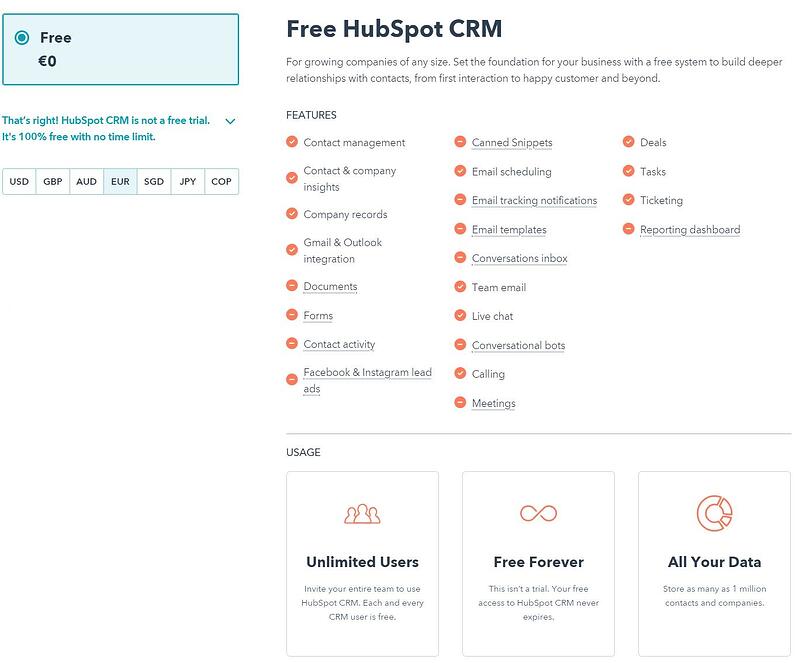 funzionalità di HubSpot CRM: gratuità 